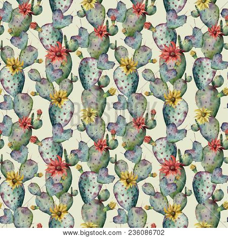 Watercolor Seamless Patttern With Cactuses, Flowers. Hand Painted Opuntia And Yellow And Red Flowers