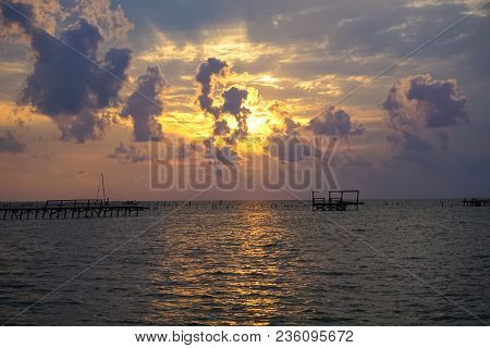 A Sunrise Over The Bay With Pier Destruction In Rockport Texas After Hurricane Harvey