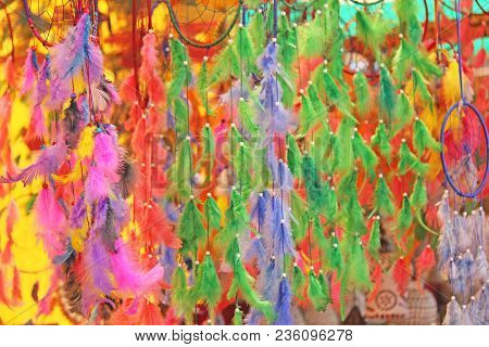 Bright Colored Dream Catchers From The Feather. Gift Souvenir India.