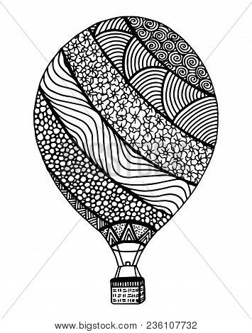 Hot Air Balloon Vector. Zentangle And Doodle Hot Air Balloon. Balloon Coloring Book