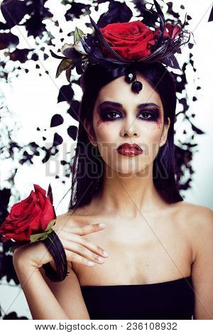 Pretty Brunette Woman With Rose Jewelry, Black And Red, Bright Make Up Kike A Vampire Closeup Red Li