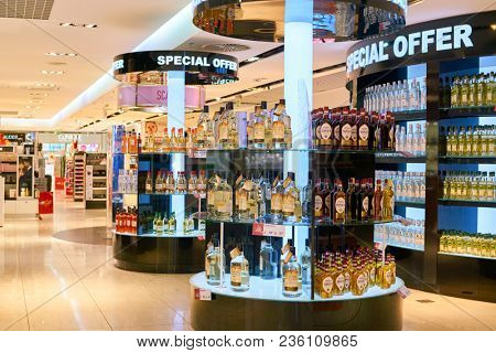WARSAW, POLAND - CIRCA NOVEMBER, 2017: alcohol on display inside Aelia Duty Free store at Warsaw Chopin Airport.