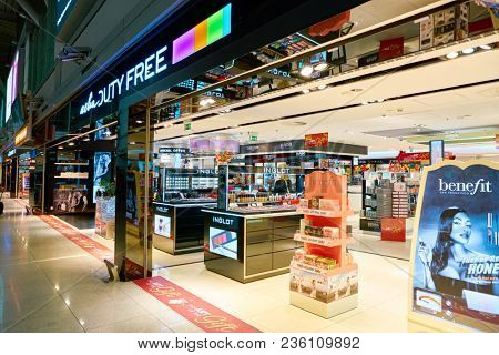 WARSAW, POLAND - CIRCA NOVEMBER, 2017: the entrance to Aelia Duty Free store at Warsaw Chopin Airport.