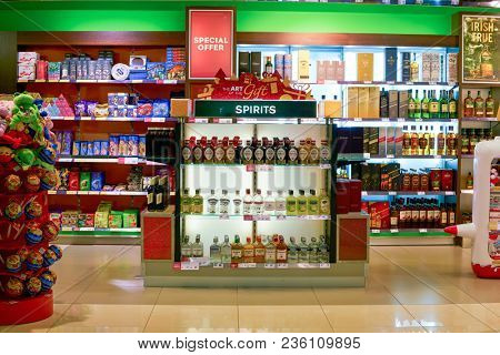 WARSAW, POLAND - CIRCA NOVEMBER, 2017: alcohol on display inside Aelia Duty Free store at Warsaw Chopin Airport.