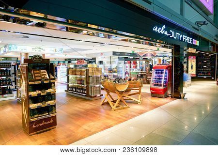 WARSAW, POLAND - CIRCA NOVEMBER, 2017: the entrance to Aelia Duty Free store at Warsaw Chopin Airport.
