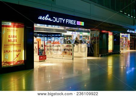 WARSAW, POLAND - CIRCA NOVEMBER, 2017: the entrance to Aelia Duty Free store at Warsaw Chopin Airport.