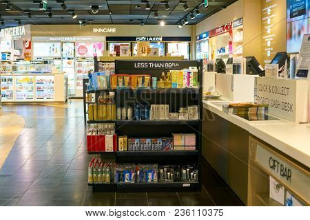 WARSAW, POLAND - CIRCA NOVEMBER, 2017: inside Aelia Duty Free store at Warsaw Chopin Airport.