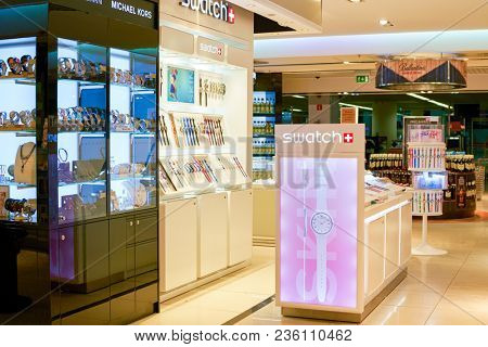WARSAW, POLAND - CIRCA NOVEMBER, 2017: inside Aelia Duty Free store at Warsaw Chopin Airport.