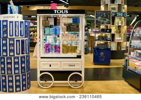 WARSAW, POLAND - CIRCA NOVEMBER, 2017: perfumes on display in Duty Free store at Warsaw Chopin Airport.