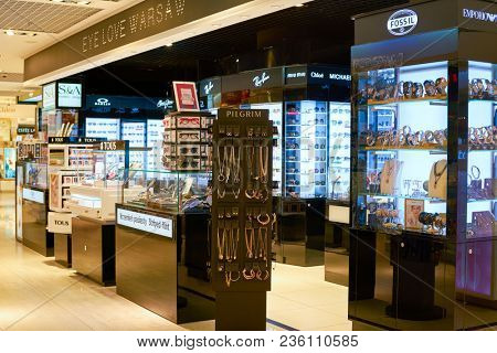 WARSAW, POLAND - CIRCA NOVEMBER, 2017: inside Aelia Duty Free store at Warsaw Chopin Airport.