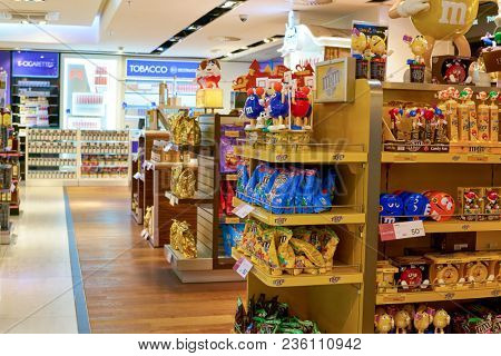 WARSAW, POLAND - CIRCA NOVEMBER, 2017: inside Aelia Duty Free store at Warsaw Chopin Airport.