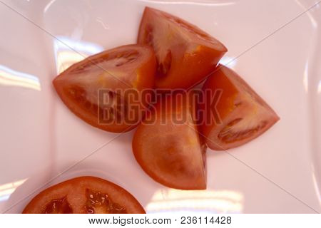 Tomato Fresh Vegetable Isolated On White. Whole Half Slice Piece Quarter, Section, Segment. Collecti