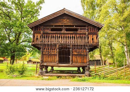 Oslo, Norway-august 13, 2014 - Traditional Old Houses At Norsk Folkemuseum.