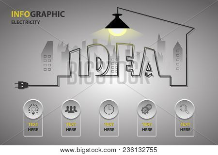 Abstract Infographic Modern With Icons And Creative Light Bulb With Wire Idea And Plug. Business Ide