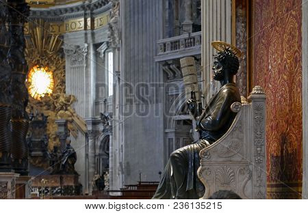 Vatican City, Vatican State -  April 10, 2018: Saint Peter Bronze Statue In The Saint Peter Basilica
