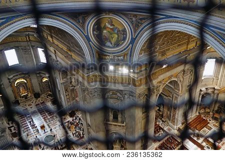 Vatican City, Vatican State -  April 10, 2018: Aerial View Of Saint Peter Basilica  Interior, Low An