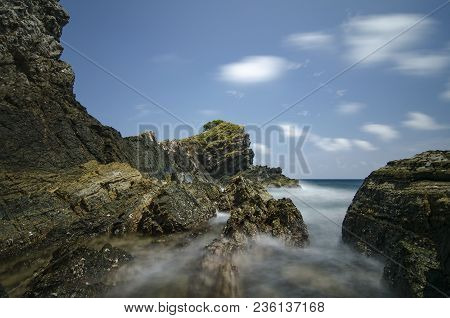 Hidden Beauty Of Kapas Island Located In Terenganu, Malaysia At Sunny Day. Blue Sky And Clear Sea Wa