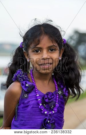 Nuwara Eliya, Sri Lanka - January 25, 2014: Unidentified Little Girl On The Street Of Nuwara Eliya, 