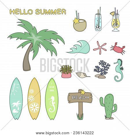 Set Of Cute Summer Icons, Hand Drawn Elements- Calligraphy, Surfboard, Cactus, Palm, Cocktails And S