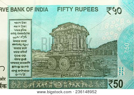 A New Banknote Of India With A Denomination Of 50 Rupees. Indian Currency. The Other Side, Hampi's C