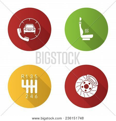 Auto Workshop Flat Design Long Shadow Glyph Icons Set. Car With Handset, Heated Car Seat, Gear Stick
