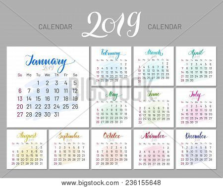 Stylish Menology, 2019, January Separately, Dark Background, Multicolored Lettering. Vector Illustra