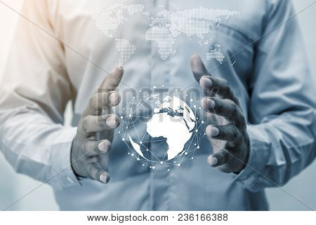 Networking People Global Business Concept, Earth Circle And World Map Virtual In Hand Man On Blurred