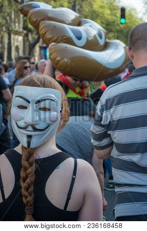 Budapest, Hungary - April 14, 2018: Political Protest Demonstration Against The Recently Elected Gov