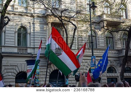 Budapest, Hungary - April 14, 2018: Political Protest Demonstration Against The Recently Elected Gov