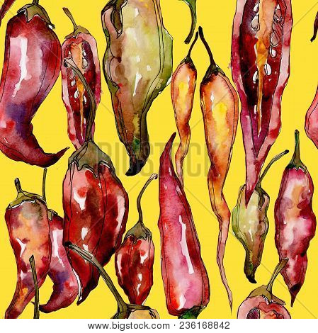 Pepper Wild Vegetables In A Watercolor Style Pattern. Full Name Of The Vegetables: Pepper . Aquarell