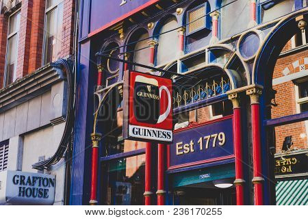 Dublin, Ireland - April 14th, 2018: Traditional Irish Pubs Along The Streets Of Dublin City Centre