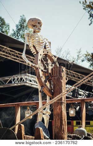 April, 19, 2014, Haarzuilens, The Netherlands: Skeleton Behind The Helm Of A Ship On The Elf Fantasy