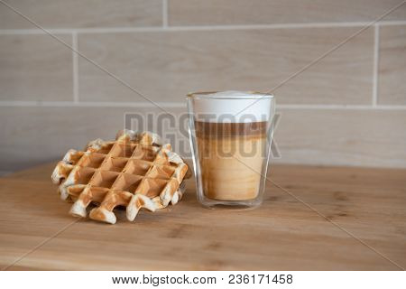 Glass Cups Of Multilayer Coffee With Mini Stroopwafel, Syrupwaffles Cookies On Light Gray Background
