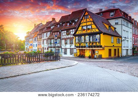 Fabulous Colorful Traditional French Houses On The Side Of River Lauch In Petite Venise At Sunrise, 