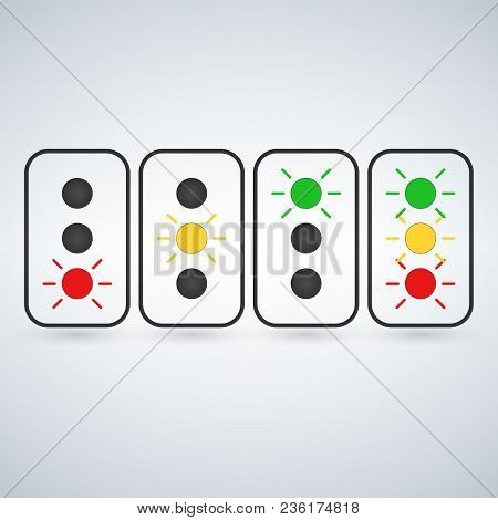 Traffic Light Set Or Light Indicators. Traffic Lamps, Semaphores, Green, Red, Yellow. Vector Illustr