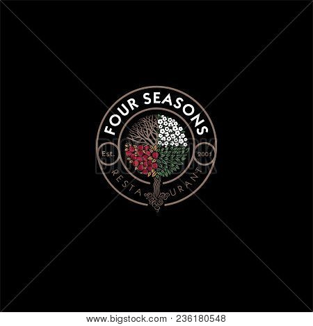 Four Seasons Restaurant Logo. Restaurant Or Hotel Emblem. Wood As The Seasons In A Circle With The L