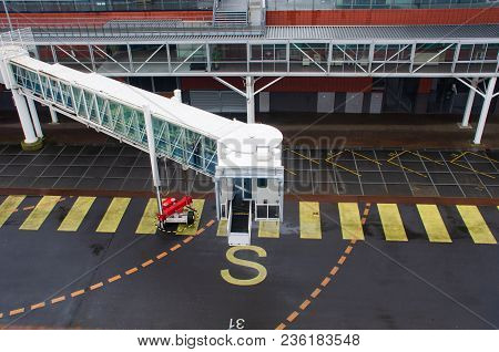 Amsterdam Netherlands - 1 April 2018:  Large Covered Gangplank Being Putting Into Place On Cruise Sh