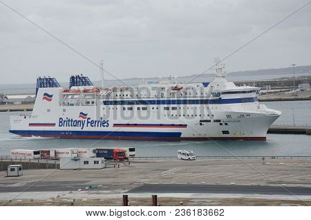 Cherbourg France 3 April 2018:  Brittany Ferries Ship Barfleur In Port Cherbourg