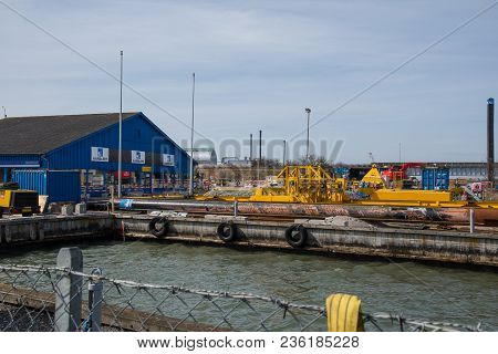 Vordingborg Denmark - April 7. 2018: Construction Site For A New Bridge On Island Of Masnedoe