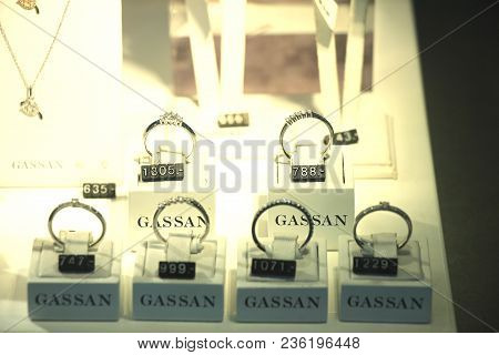 Amsterdam Schiphol Airport, The Netherlands - April 14th 2018: Diamond Engagement Rings And Other Je