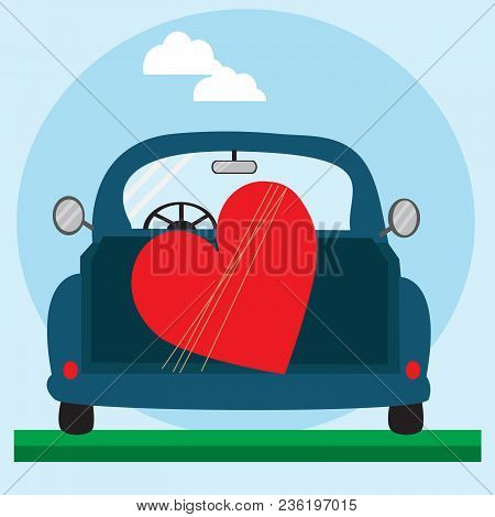 Big Red Heart On The Blue Car. Vector Illustration.