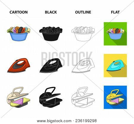 A Bowl With Laundry, Iron, Ironing Press, Washing Powder. Dry Cleaning Set Collection Icons In Carto