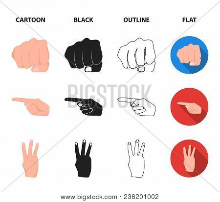 Closed Fist, Index, And Other Gestures. Hand Gestures Set Collection Icons In Cartoon, Black, Outlin