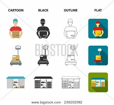 Courier, Scales, Container, Warehouse.logistic, Set Collection Icons In Cartoon, Black, Outlineflat 