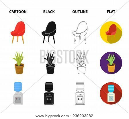 A Red Chair With A Comfortable Back, An Aloe Flower In A Pot, An Apparatus With Clean Water, A Cabin