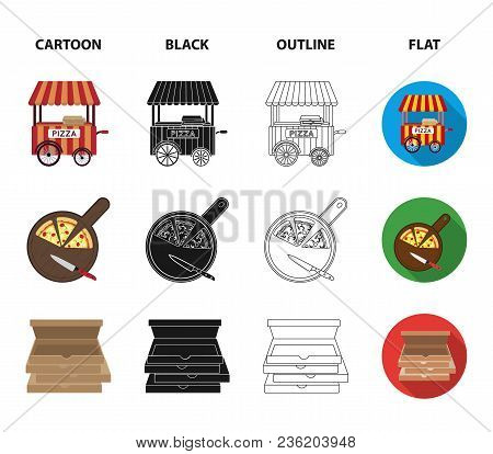 Mobile Trailer, Cutting Board For Pizza, Boxes, Salesman. Pizza And Pizzeria Set Collection Icons In