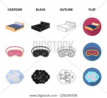 A Bed, A Blindfold, Counting Rams, An Alarm Clock. Rest And Sleep Set Collection Icons In Cartoon, B