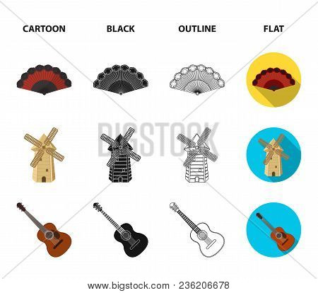 Fan Spanish, Mill, Guitar, Skirt For National Spanish Dances. Spain Country Set Collection Icons In 