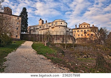 Pazin, Istria, Croatia: View From The Countryside Of The Old Town With The Ancient Castle