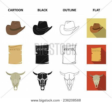 Cowboy Hat, Is Searched, Cart, Bull Skull. Wild West Set Collection Icons In Cartoon, Black, Outline